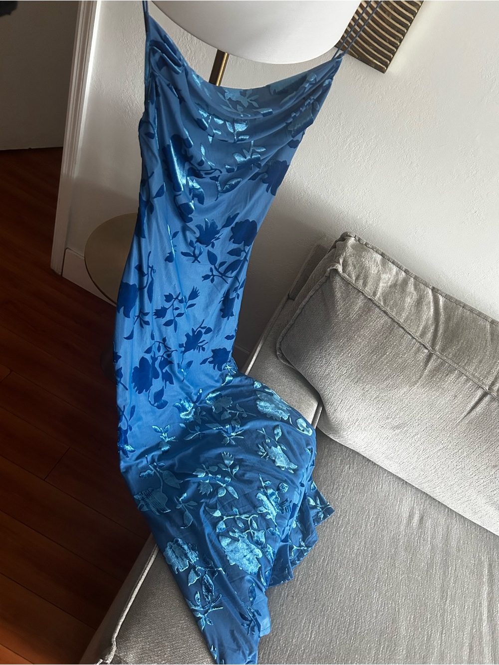 Y2K Velvet Burnout Blue Floral Whimsigoth Maxi Dress Gown Size S Fairy Draped - Picture 6 of 13